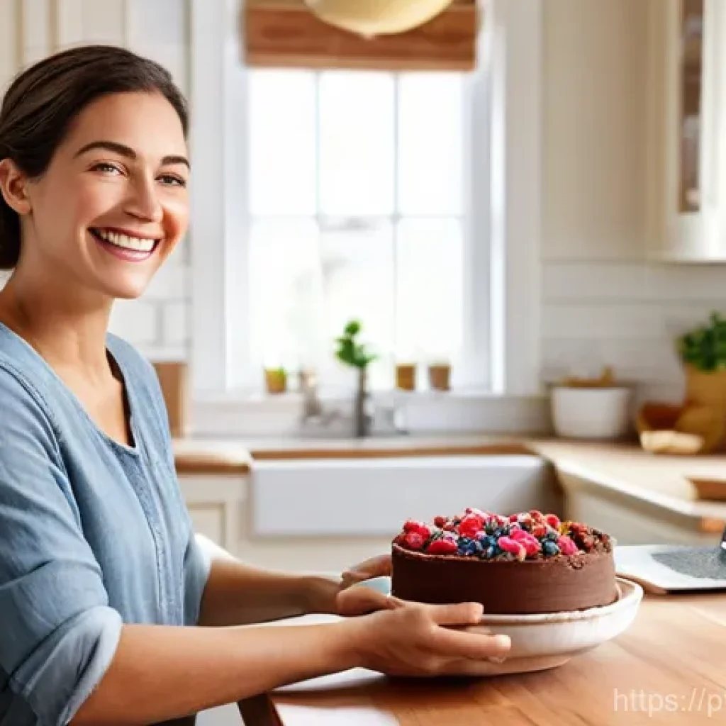 제과 자격증과 관련된 온라인 강좌 추천 - **Prompt:** A cheerful woman in a cozy, sun-drenched home kitchen, happily focused on an open laptop...