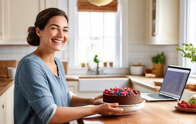 제과 자격증과 관련된 온라인 강좌 추천 - **Prompt:** A cheerful woman in a cozy, sun-drenched home kitchen, happily focused on an open laptop...