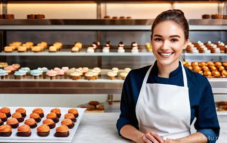 제과 자격증과 관련된 온라인 강좌 추천 - **Prompt:** A cheerful woman in a cozy, sun-drenched home kitchen, happily focused on an open laptop...