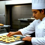 제과 실무 경험을 쌓는 해외 연수 프로그램 - **Prompt:** A young, focused confectionery student, approximately 20-25 years old, of Brazilian desc...