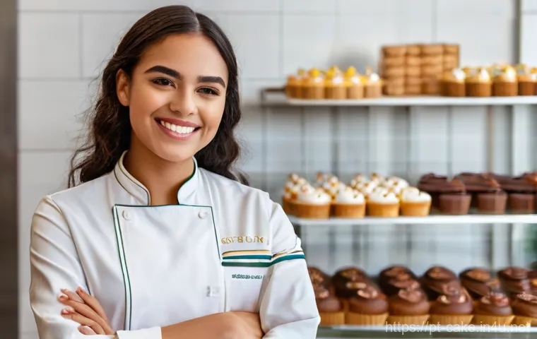 제과 실무 경험을 쌓는 해외 연수 프로그램 - **Prompt:** A vibrant group of three confectionery students, two young women and one young man, all ...