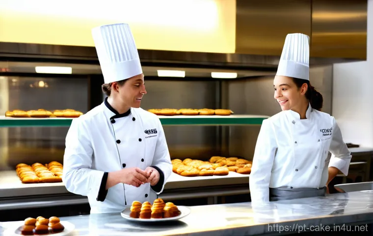 제과업계에서의 인간관계 관리 - **Prompt 1: Collaborative Confectionery Mentorship**
A bright, clean, modern professional pastry...