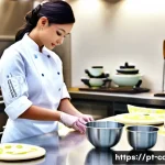 제과 자격증 준비 시 추천 도서 - **Prompt: "A skilled female pastry chef in her late 20s, with a focused and serene expression, metic...