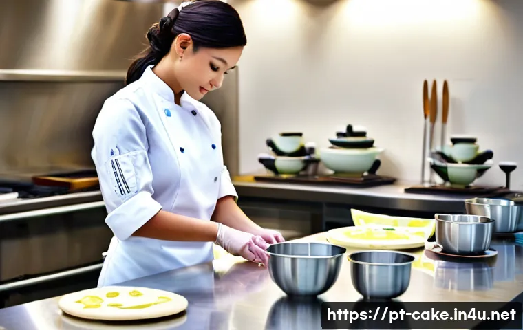 제과 자격증 준비 시 추천 도서 - **Prompt: "A skilled female pastry chef in her late 20s, with a focused and serene expression, metic...
