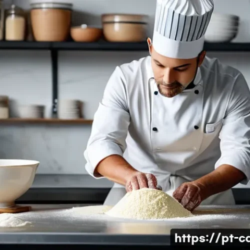 제과 자격증 시험 팁과 전략 - A professional pastry chef in a modern bakery kitchen, meticulously preparing classic French pastry ...