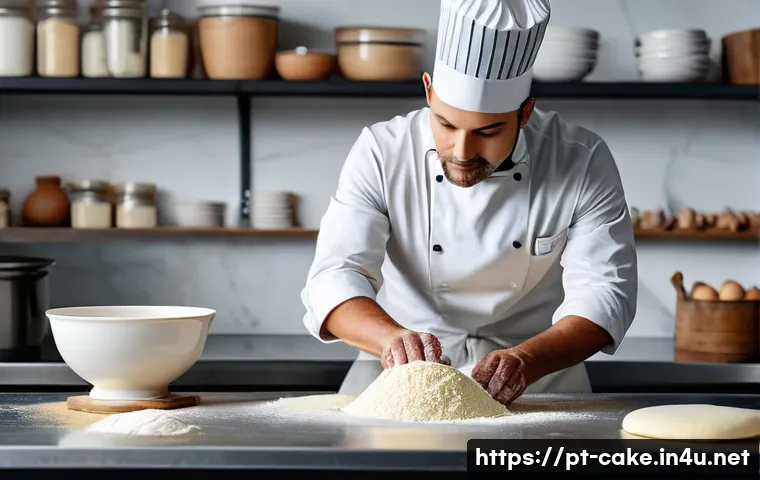 제과 자격증 시험 팁과 전략 - A professional pastry chef in a modern bakery kitchen, meticulously preparing classic French pastry ...