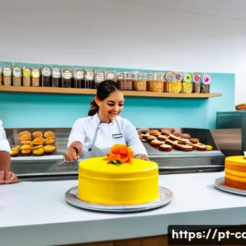 제과 자격증과 관련된 학회 및 커뮤니티 - A vibrant professional bakery workshop scene in Brazil, showing diverse pastry chefs actively partic...