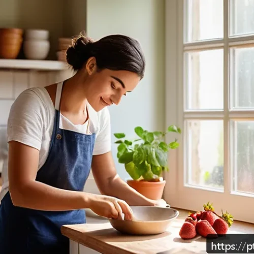 제과 자격증 시험의 계절별 특이점 - A bright, airy kitchen setting during a warm summer morning, with a young adult baker adjusting doug...