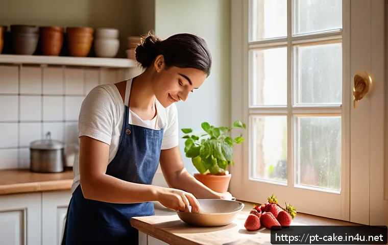 제과 자격증 시험의 계절별 특이점 - A bright, airy kitchen setting during a warm summer morning, with a young adult baker adjusting doug...