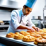 제과 자격증 취득 후 해외 진출 사례 - A professional pastry chef in a modern European patisserie kitchen, wearing a crisp white chef's jac...