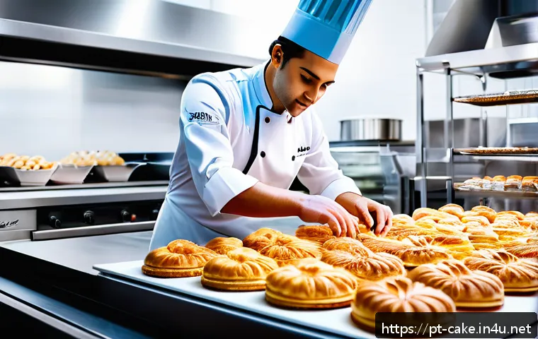 제과 자격증 취득 후 해외 진출 사례 - A professional pastry chef in a modern European patisserie kitchen, wearing a crisp white chef's jac...